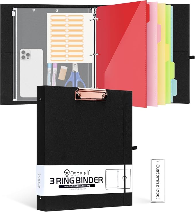 Ospelelf 1 Inch 3 Ring Binder, Black Linen Clipboard Binder with 5 Pocket Dividers & Zipper Pouch for Documents (11" x 8.5"), Hardcover Binder Organizer for School, Office