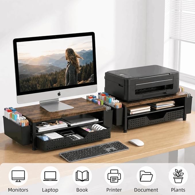 ECOLOVI Desk Organizer and Accessories, 2-Tier Computer Monitor Stand Rise with Storage Drawer & 2 Pen Holders, Laptop & Printer Stand for Desktop, Workspace Organizers for Office Supplies (Brown)
