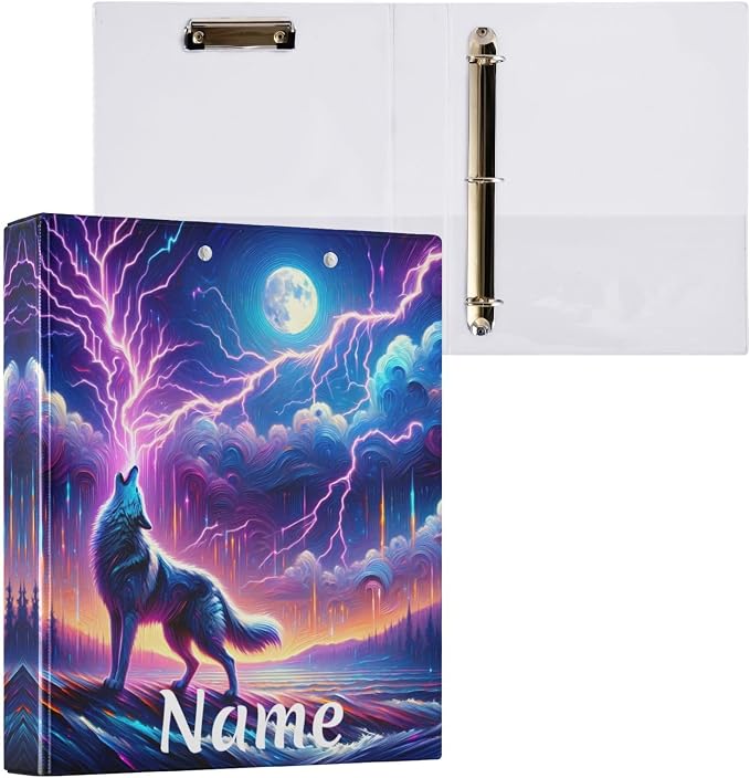 Custom 3 Ring Binder Wolf Howling in Moon Night 1.5" Round Ring Binders Personalized Name View Binder with 200 Sheet for Kids School Supplies Women Men Office, 1 Pack