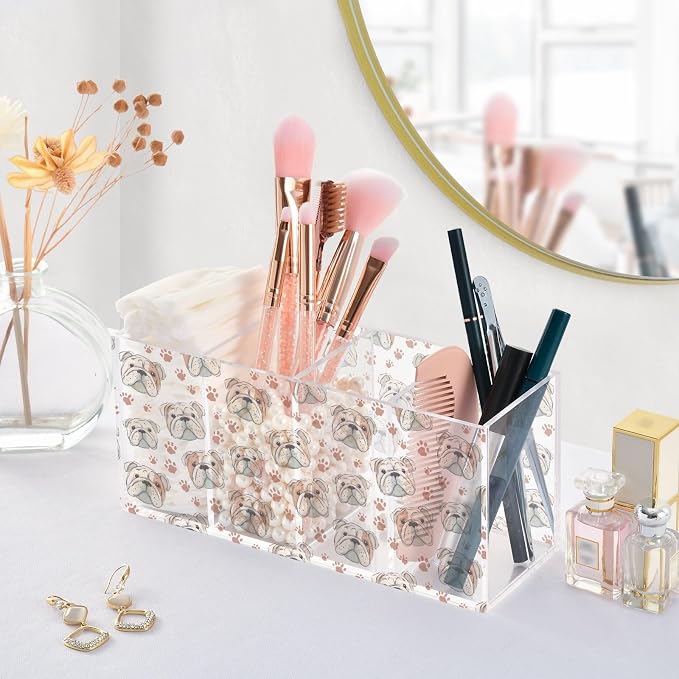 English Bulldog Dog Paw Print 4 Compartment Acrylic Pencil Holder, Printed Pencil Holder Makeup Brush Holder Acrylic Desktop Accessories for Pencil Cutlery Toiletries Storage
