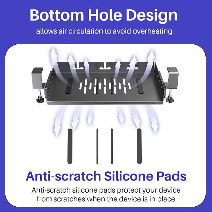 BYMECOST No Drill Under Desk Laptop Mount, Metal Under Desk Storage Shelf | Laptop Storage Tray for Macbook, Mac Mini, Controllers and Cables, Anti-scratch Silicone, fits Office, Gaming, Workstations