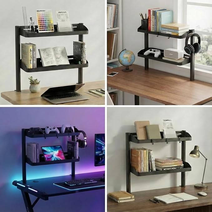 Clamp on Desk Shelf, 17in 2-Tier Office Desk Shelves Organizer, Small Shelf for Top of Desk with Headphone Holder and Hooks, Desktop Storage Rack for Home Workspace, Study Rooms, Gaming Accessories