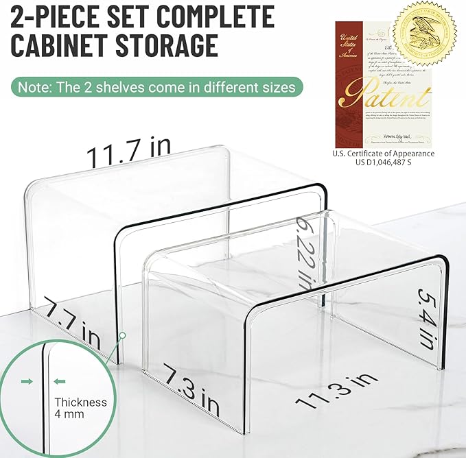 Clear Cabinet Organizer, Shelf Organizer Set of 2 for Kitchen Pantry Organizers and Storage, Display Cabinet Shelf Room Decor Countertop Desk Shelves, Patented Spice Organization for Cabinet