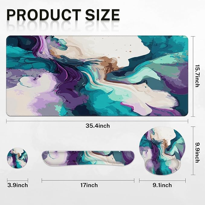 Keyboard Mouse Pad Set, 4 in 1 Desk Mat Set, Marbling Liquid | Teal Purple Large Mousepad+Keyboard Wrist Rest+Mouse Wrist Rest+Coaster Ergonomic Design for Home Office Computer