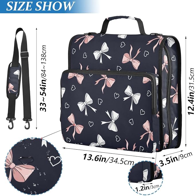 Bows Hearts Print 3 Ring Zipper Binder with Shoulder Strap & Handle 1.5 Inch D-Ring Zippered Bag with Pencil Pouch,Multiple Pocket & Expanding File Folder, Binder Organizer for School or Office