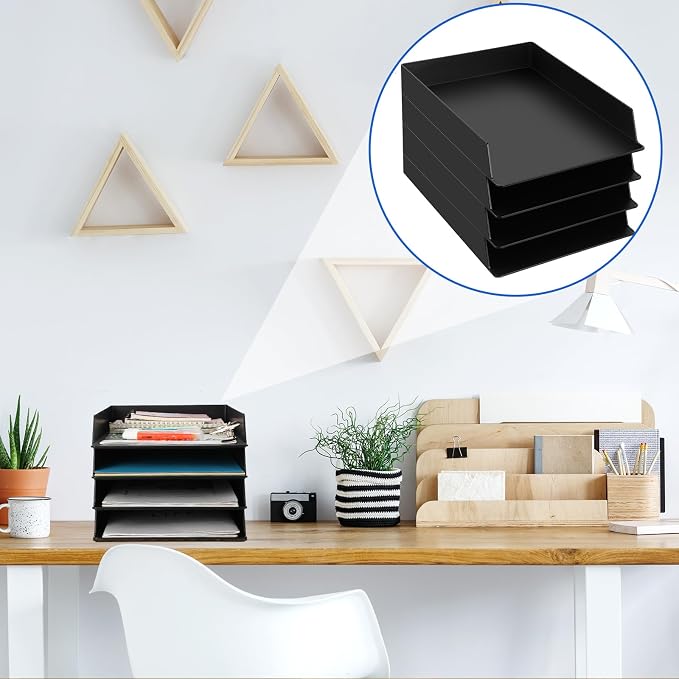 4 Pcs Stackable Paper Trays Rectangular Plastic Desk Holder Desktop Document File Organizer Storage Letter for Office Classroom (Black)