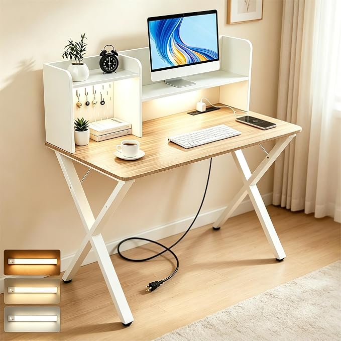 Lightdot 44"×24" White Computer Desk with Motion Sensor Light, Home Office Gaming Desk with Charging Station Pegboard, Modern Study Desk for Work Bedroom Game Kids Room Living Room
