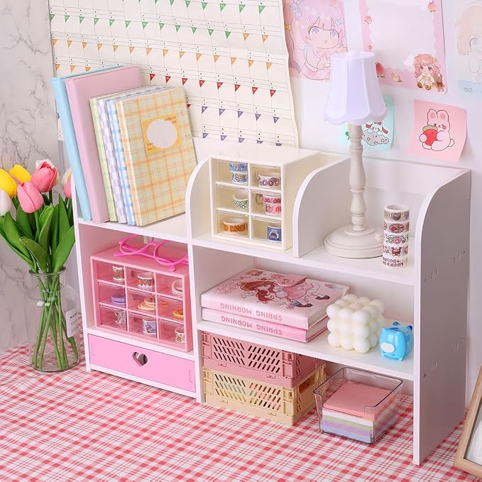 Cute Bookshelves Cute Bookshelf for Desk Kawaii Desk Organizer with Drawer Office Desk Organizers and Accessories Storage Home Decor Display (Pink)