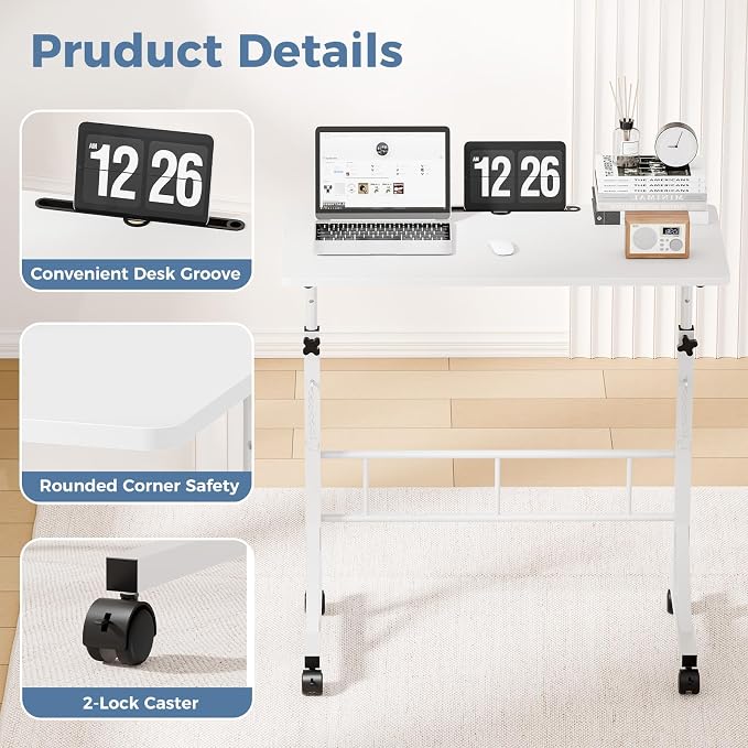 DUMOS 31.5" Walking Pad Desk, Laptop Desk, Home Office | Lockable Wheels, Adjustable Height, Portable Rolling Design, Treadmill Use, Stand Up Style, Milk