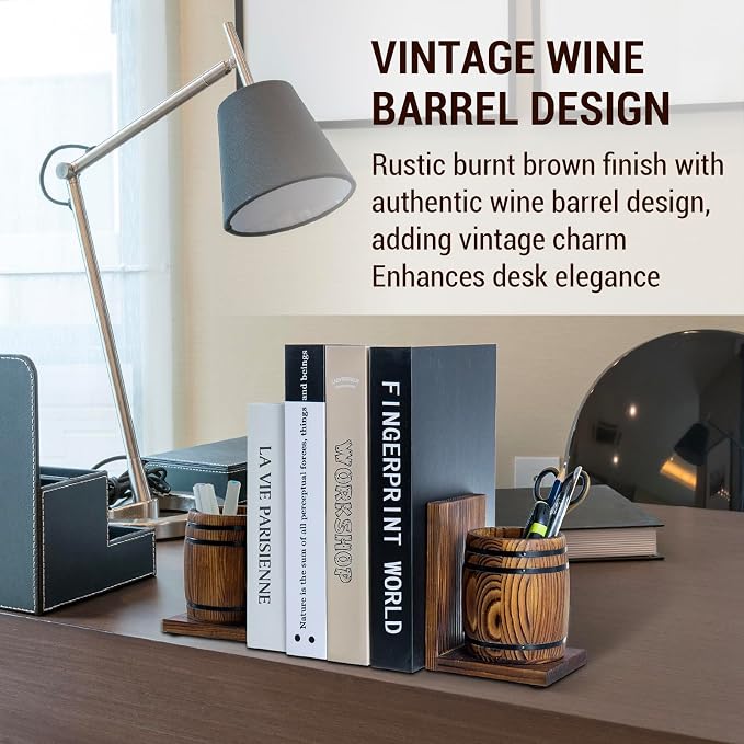 MyGift Rustic Wood Bookends with Pen Holders, Wine Barrel Design, 1 Pair | Built-in storage cups keep pens, pencils, and desk essentials organized while supporting books on shelves or desktops