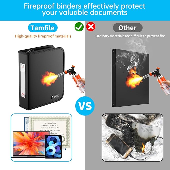 Tamfile Fireproof 3 Ring Binder with Zipper, 1.5 Inch D Ring Binder, Black | Hold Up 375 Sheets of 8.5"x11" A4 Paper, Portable Safe Storage with Large Pockets, Important File Storage for A4 Files