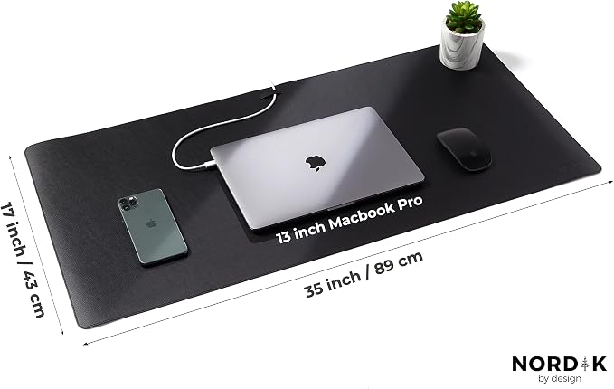 Nordik Leather Desk Mat - Pebble Black - Large Leather Desk Pad (35x17 in) | Premium Vegan Leather Desk Pad with Cable Organizer, Giftable, Extended Waterproof Mouse Mat, Non-Slip Desk Pad Protector