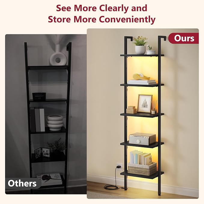 5 Tier Ladder Bookshelf with Light, Wall Mounted Ladder Shelf Black