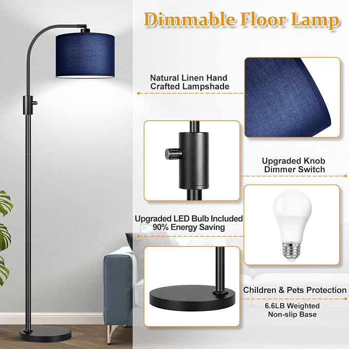 Nintiue Upgraded Modern Arc Dimmable Tall Standing Floor Lamp with Blue Shade, 1200 Lumens LED Bulb Included, for Living & Reading Room, Bedroom, Office & Nursery, Black