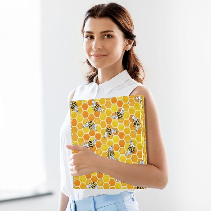 Yellow Beehive Bee Binder 1.5 Inch Binder with Clipboard&Pockets, Honeycomb Binders 3 Ring, Honey Bees Heavy Duty Large File Folder for Office School Supplies - Holds 200 Sheets, 2 Pack