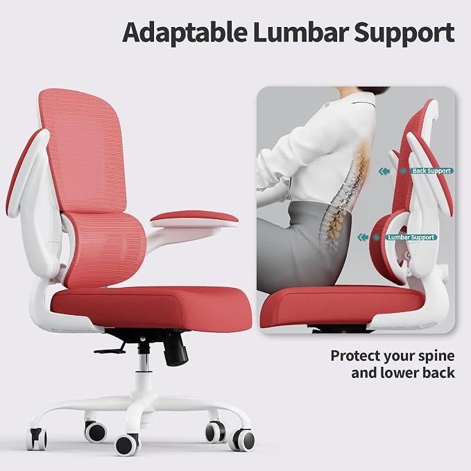 TRALT Office Chair - Ergonomic Desk Chair with Adjustable Lumbar Support, Mesh Computer Chair, Executive Chair for Home Office Comfortable Lumbar Support (1, White Red)