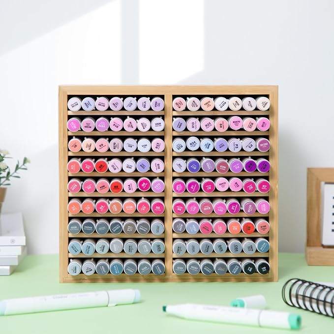 Ohuhu Bamboo Marker Organizer, Wooden Desktop Storage Holds 126 Markers | Markers Pens Pencils Art Brushes Stationary Organizer Pencil Holder with 18 Compartments for Classroom Office Decor Home