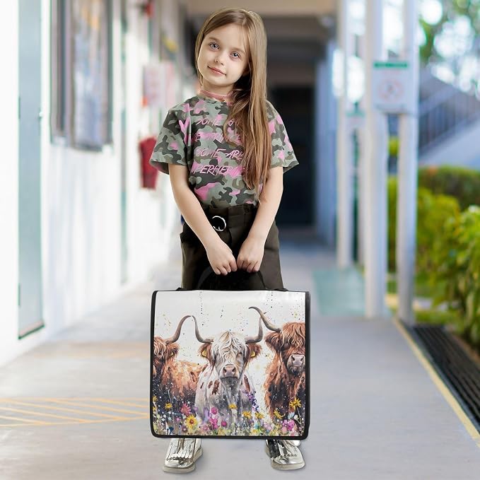 Watercolor Highland Cows Flowers Zipper Binder with Shoulder Strap Bag 3 Ring Binder Organizer Large Capacity Multiple Compartments for School Office
