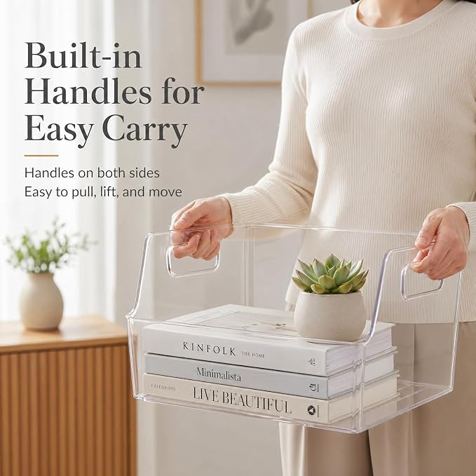 4 Pcs Clear Large Storage Book Display Case 13 x 8.5 x 5.9 Inch Book Organizer Stackable Bookcase Display Storage Containers with Handle Office Bookshelf Organizer Rack for CDs Magazine
