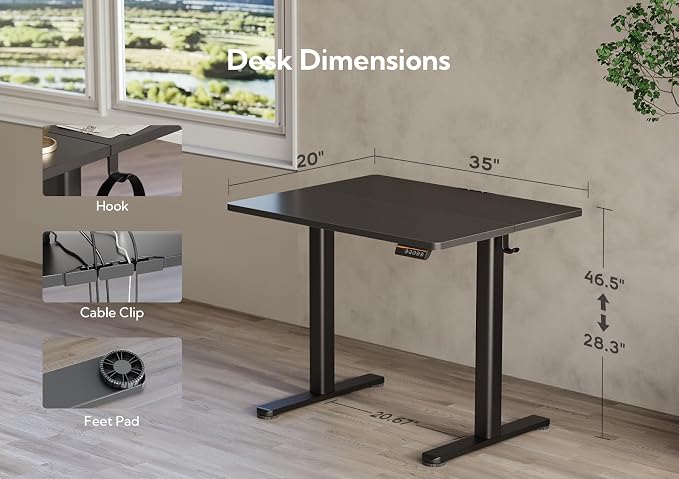 Claiks Electric Height Adjustable Standing Desk, 35x20 Inch, Black | Smooth Height Adjustment, 3 Memory Presets, Cable management hub & hook, Stable Steel Frame, 156 lbs Capacity, Easy Assembly