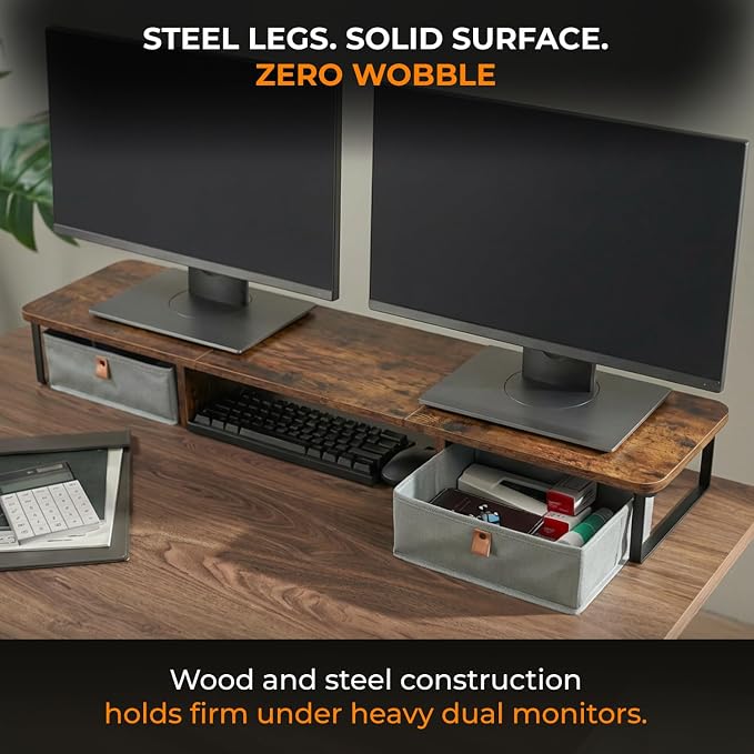 DuoStand Plus - 39” Dual Monitor Riser for Desk with 2 Drawers - Wood & Steel Double Monitor Stand with Storage - Desk Organizer Shelf for Desktop Computer, Laptop, TV & Printer (Rustic Wood)