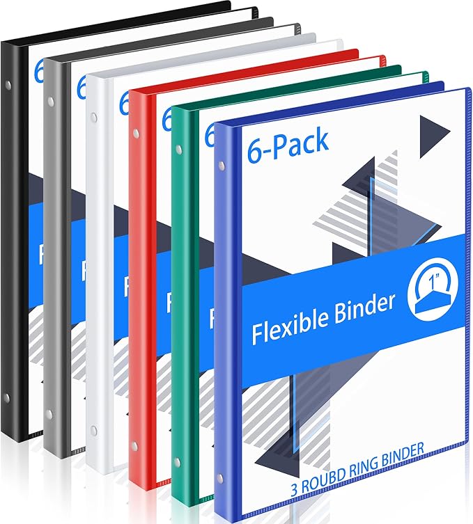 Fulmoon 6 Pack 1 Inch Plastic 3 Ring Binders with Pockets, Classic Colors | Flexible Covers with Round Rings and Front Pockets for Organizing Papers at School, Office, Meetings and Presentations