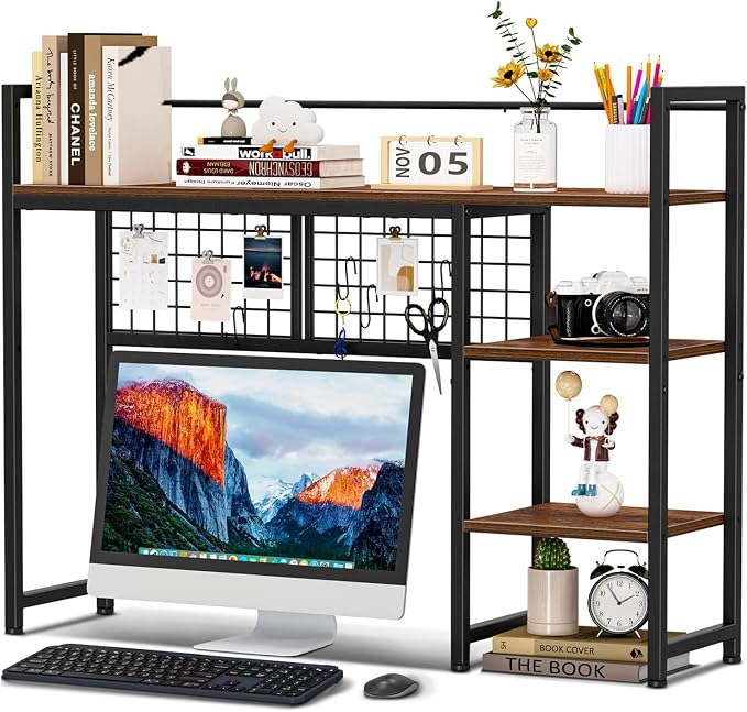 Snughome Desk Shelf, 38.6" Desktop Organizer Shelf, Desk Hutch for Computer Monitor, 4 Tier Desk Display Rack with Pegboard Hooks Set, Wood Desktop Bookshelf for Home Office Dorm