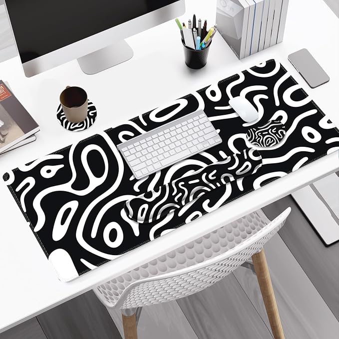 Large Gaming Mouse Pad Set, 4 in 1 Extended Keyboard Desk Mat with Wrist Rest, Computer Game Mousepad, Non-Slip Desk Pad Easy Typing Pain Relief for Home Office I Black White Topographic
