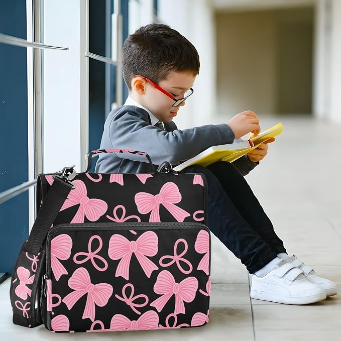 Pink Bow Black Zipper Binder Bag 3 Ring Binder with Shoulder Strap Zip Up 500 Sheets Capacity Multi Pockets for School Office Supplies