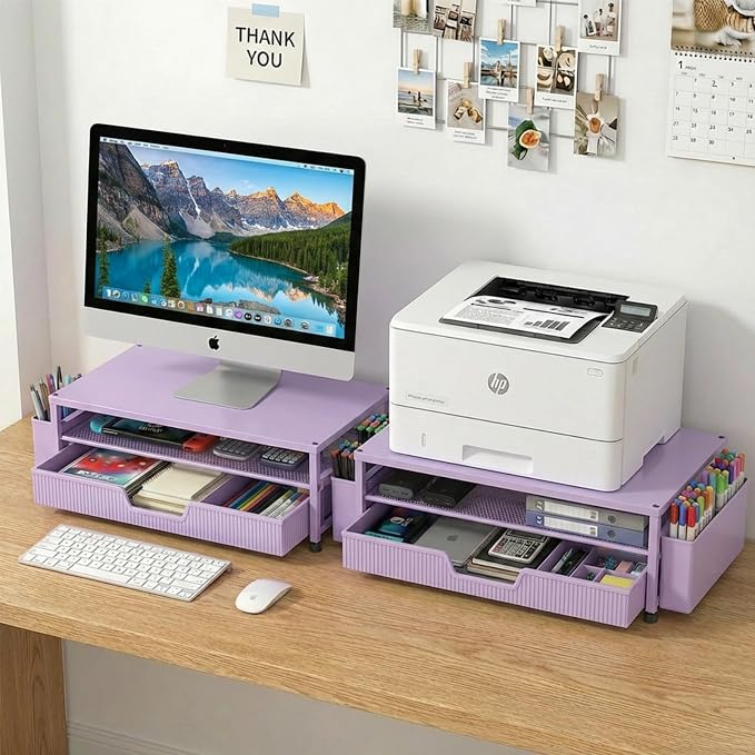 ECOLOVI Desk Organizer and Accessories, 2-Tier Computer Monitor Stand Rise with Storage Drawer & 2 Pen Holders, Laptop & Printer Stand for Desktop, Workspace Organizers for Office Supplies (Purple)