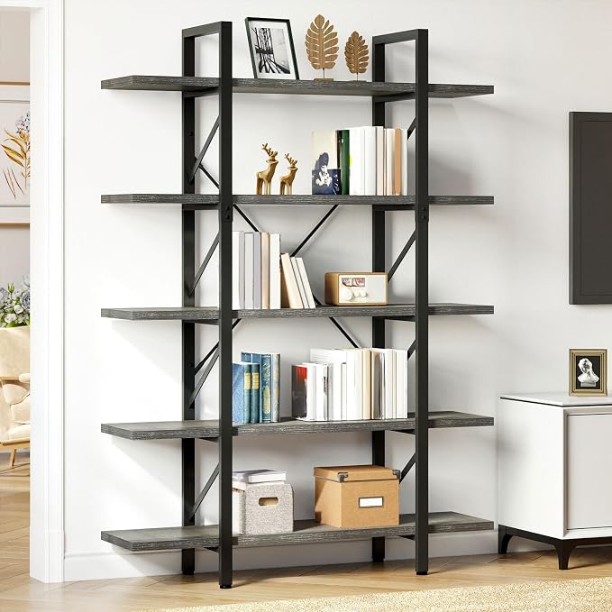 DWVO 5-Tier Bookshelf, 70.9" Tall Bookshelves Vintage BookCases with 5 Shelves Display Storage Shelves for Home Office, Living Room, Charcoal Gray
