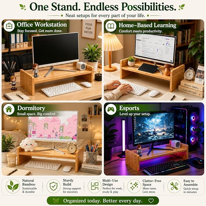 Bamboo Monitor Stand for Desk, 3-Level Adjustable Monitor Riser, Wooden Desktop Shelf Organizer, Portable and adjustable Laptop Stand for Desk, Macbook stand and Computer Tower Stand, TV Riser Printer Stand, Space Saving Desk Shelf