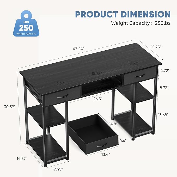 DUMOS 48-Inch Computer Desk with Drawers and Hook, Black | Home Office Desk for Bedroom, Gaming Writing Study Desk with Adjustable Feet
