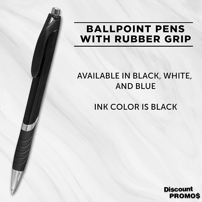 DISCOUNT PROMOS Ballpoint Pens With Rubber Grip - 10 pack - Black Ink Ball Point Pen with Soft Touch Plastic - Black