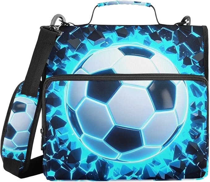 3D Soccer Football Blue 3 Ring Binder Bag 1.5 inch Binder Organizer with Zipper Shoulder Strap 500 Sheet Documents Storage for School Office