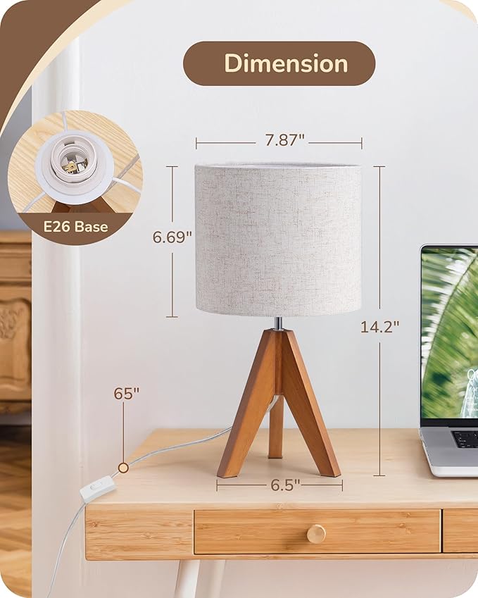 EDISHINE Tripod Table Lamp, Small Cute Bedside Lamp, 14.2 Inch, E26 Base | Light Brown Wooden Base, Linen Beige Lampshade, Nightstand Lamp for Nursery, Bedroom, Kid Room, Living Room