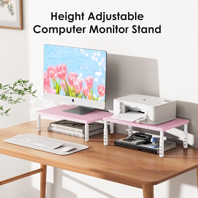 ECOLOVI Adjustable Wood Computer Monitor Stand Riser, Office Desk Organizer and Accessories for Monitor, Laptop, PC, Printer, Office Desk Accessories Workspace Organizer for Home Office Supplies, Pink