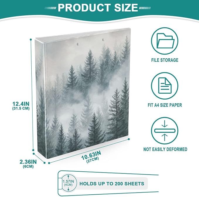 Watercolor Mist Forest Pine Tree Binder 3 Ring 1.5 Inch Binder with Clipboard&Pockets, Hardcover Binders Heavy Duty Large File Folder for Office School Supplies - Holds 200 Sheets