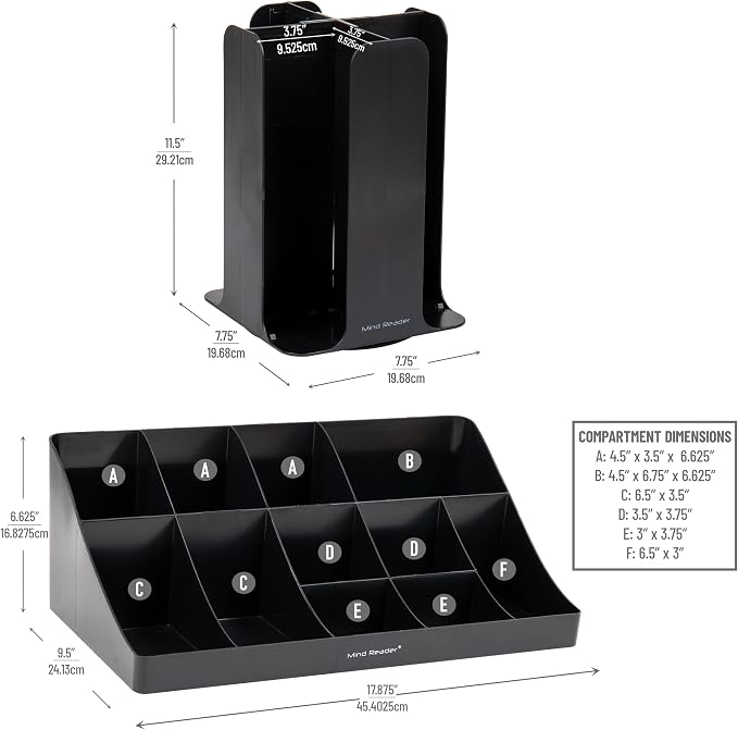 Mind Reader Cup Carousel and Condiment Organizer Set, Countertop Org, Coffee Bar, 7.75"L x 7.75"W x 11.5"H, 2 Pcs., Black