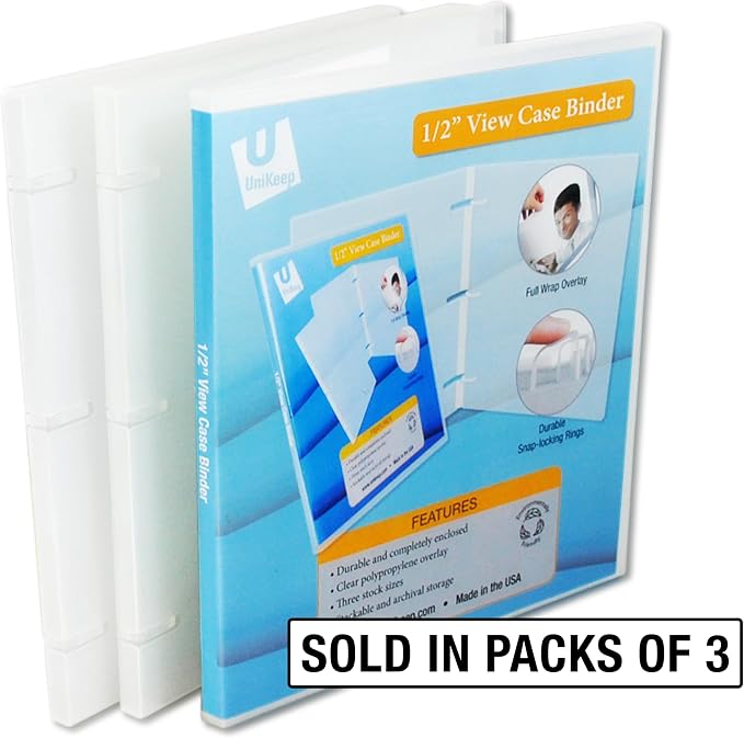 UniKeep 3 Ring View Binder - Binder Case is Fully Enclosed - Available in White, Clear, or Black and in Different Spine Sizes (Pack of 3, Clear, 0.5 Inch)
