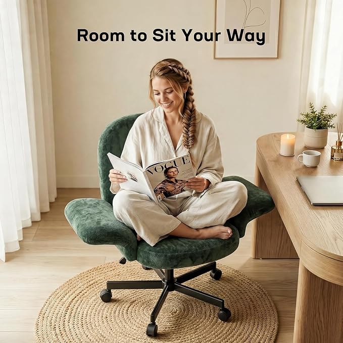 Marsail Criss Cross Office Chair with Adjustable Armrests & Wheels, Vanity Chair with Wide Cushion, Reclining Back, Soft Chenille Fabric, Desk Chair for Home Office, Makeup Room, Bedroom, Green