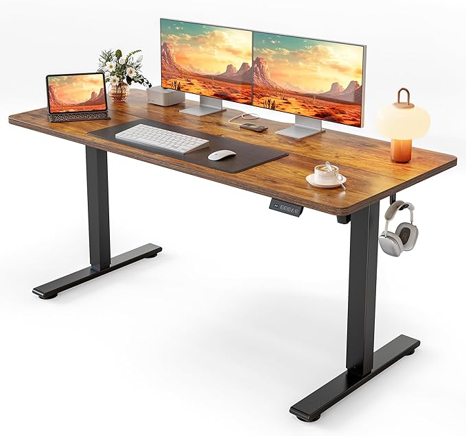 Cubiker Standing Desk, 55x24 Inches Sit Stand Home Office Desk, Electric Stand up Desk, Adjustable Desk with Splice Board, Black Frame/Rustic Brown Top