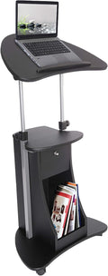 Techni Mobili Adjustable Height Rolling Laptop Cart with Storage, Black | Adjustable Height Rolling Laptop Cart with Tilting Top, Storage Shelf, Locking Wheels, Sit to Stand Desk, Mobile Podium,Black