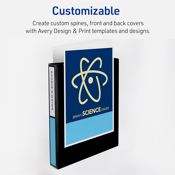 Avery Heavy-Duty View 3 Ring Binders, 1 Inch One Touch Slant Rings, DuraHinge, 1.4 Inch Wide Spine, Customizable Clear Cover and Spine, Black Binders (4-Pack of 79868)