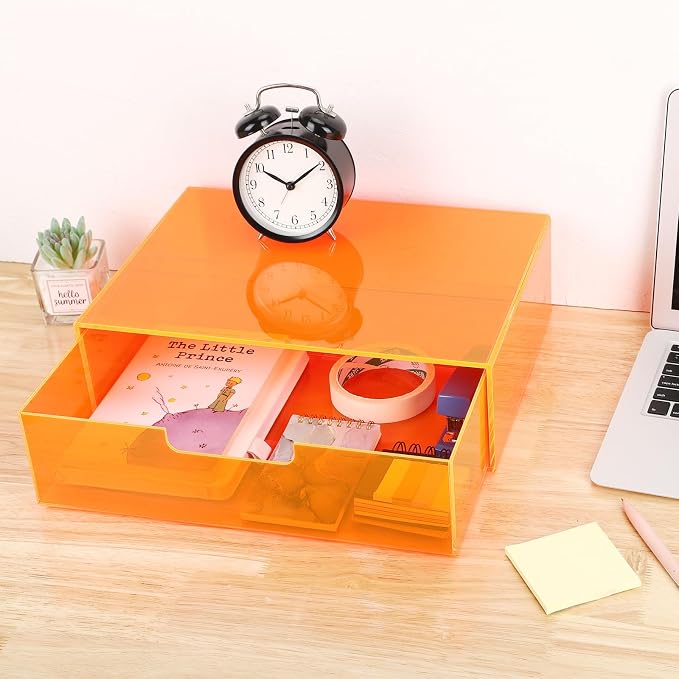 Gelite Acrylic Desk Organizer with Drawer for Makeup Vanity Stackable Desktop Storage Box for Office Supplies, 13.8 x 9.8 x 3.9’’, Neon Orange