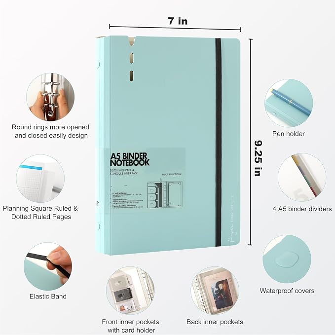 CAGIE A5 Binder 6 Ring Refillable Notebook with Dividers & Pockets | Daily Planning Square Ruled and Dotted Pages, Refill Paper Included, 6.89 x 9.25 In (Blue, A5 Daily & Dot Page)
