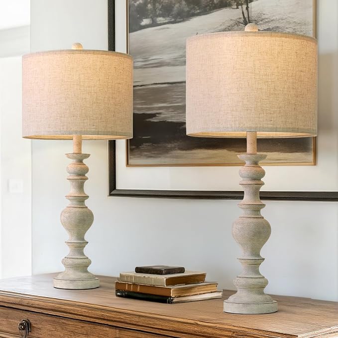 BOBOMOMO 27" Antique Gray Table Lamps Set of 2, Large Farmhouse Resin Lamps with Linen Shades, Vintage Gray Lamps for Living Room, Bedroom, or Console Table Rustic Traditional Décor