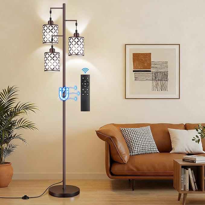 Dimmable Floor Lamp, Farmhouse Standing Lamp with Elegant Metal Cage, Industrial Tall Tree Floor Lamps for Living Room Bedroom Study Office with Remote & 3 x 800LM 9W LED Bulbs - 72", Brown