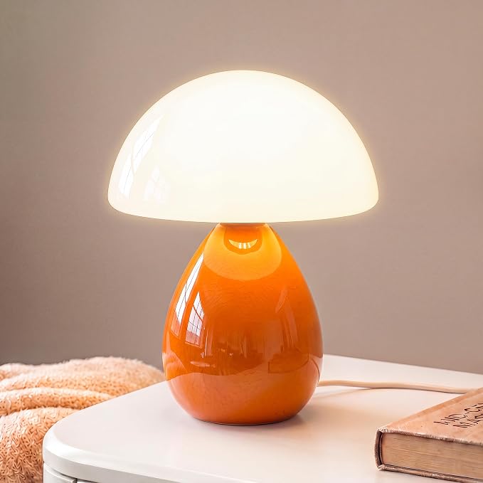 Mushroom Lamp Table Lamp for Bedroom-Small Desk Table Lamps,Orange | Ice Crackle 8.7" Mid Century Modern Table Lamps for Living Room Bedroom Decor,Ceramic Lamps for Home Room Decor,Glass Shade