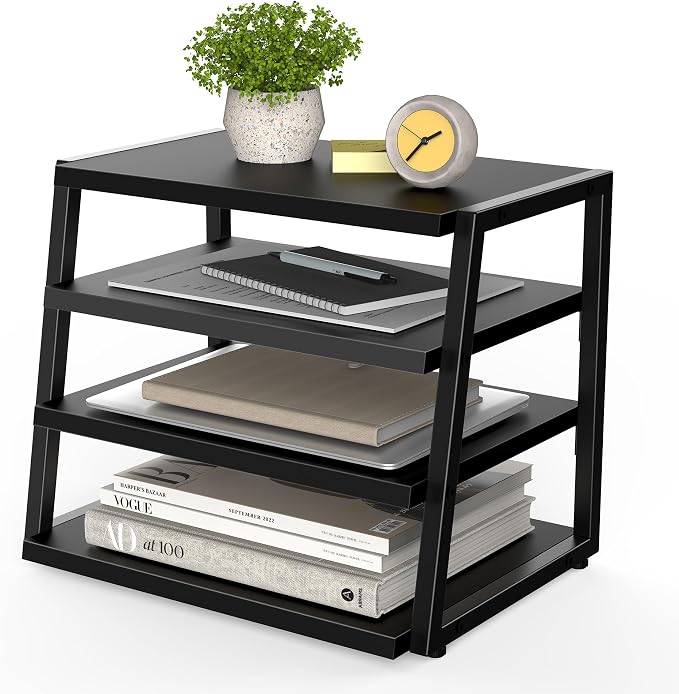 Fenge Desk Shelf Organizer, 4-Tier Tower Desktop Office Shelves, Black | Wood and Metal Open Shelf, Corner File Organizer for Office Supplies, Top of Desk Organizers and Accessories